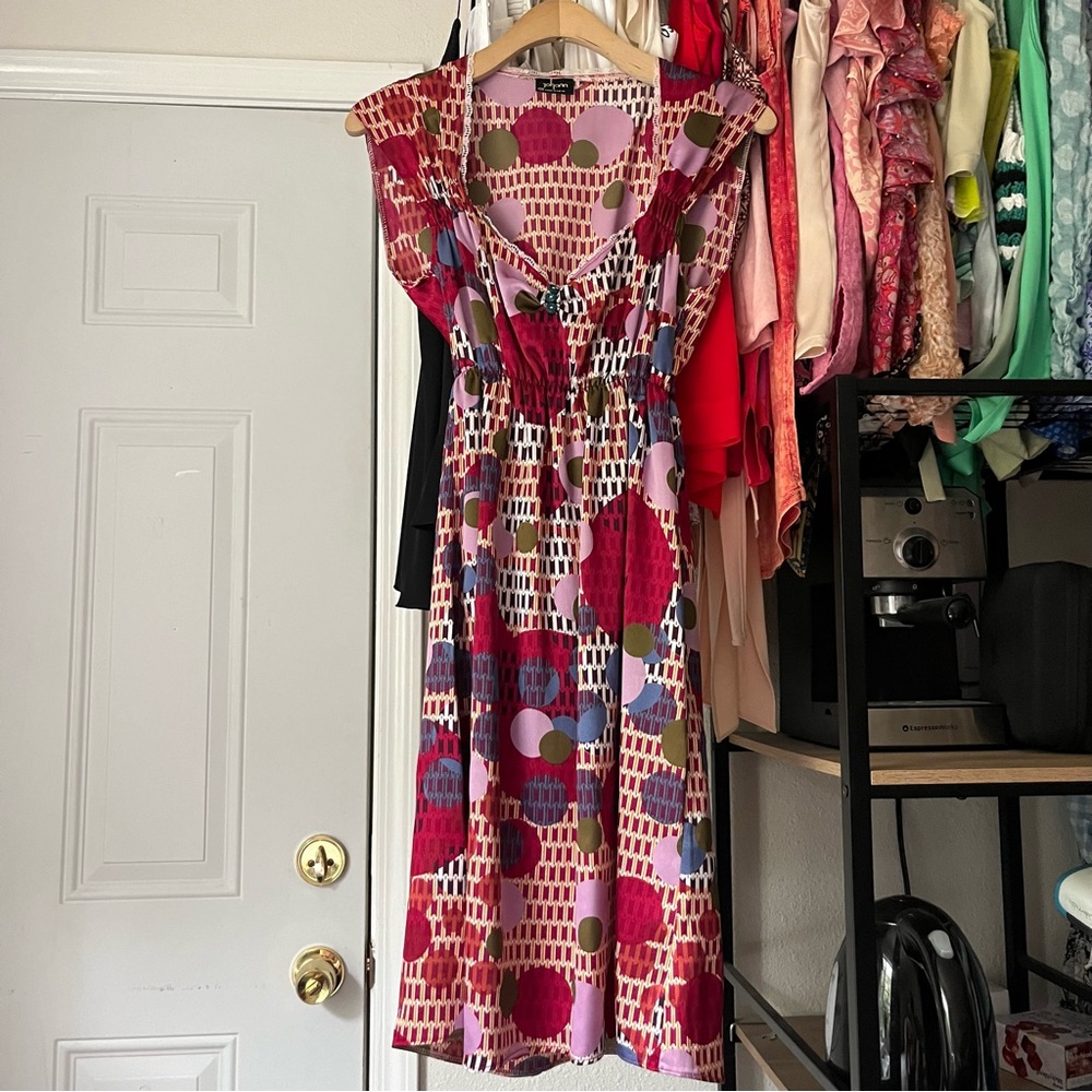 JOHANN UK red pink multicolor polka dot lace trim sweetheart v neck midi‎ dress
